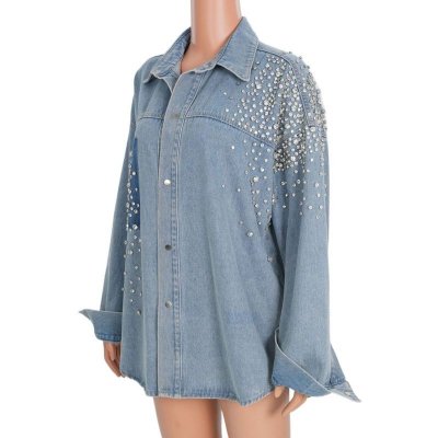 Women Fashion Rhinestone Decorated Lapel Long Sleeve Denim Shirt Coat