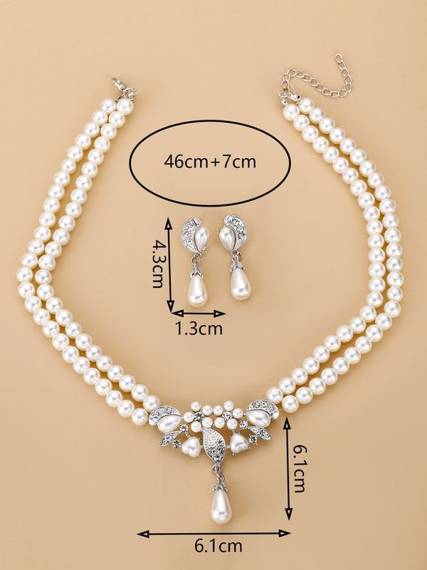 Women Fashion Exaggerated Pearl Rhinestone Necklace Earrings Jewelry Set