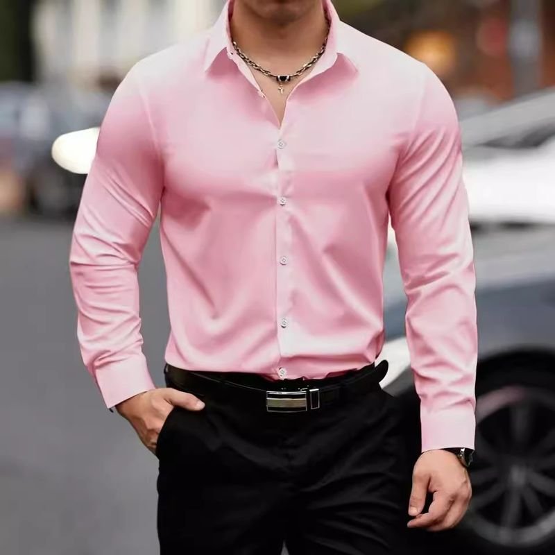 Men Fashion Casual Business Basic Solid Color Plus Size Long Sleeve Lapel Shirt