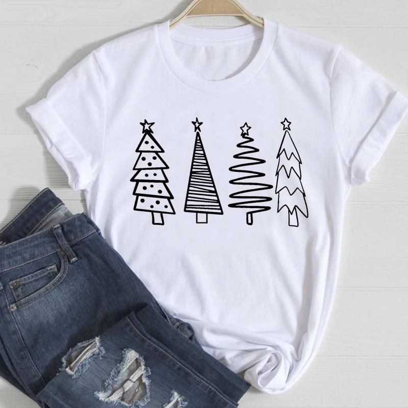 Women Fashion Cartoon Christmas Tree Letter Elk Print Round Neck Short Sleeve T-Shirt