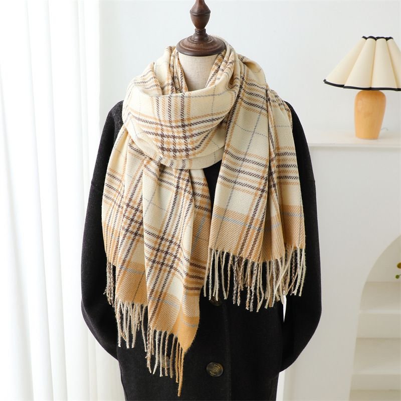 Autumn Winter Women Fashion Plaid Tassel Warm Thickened Scarf