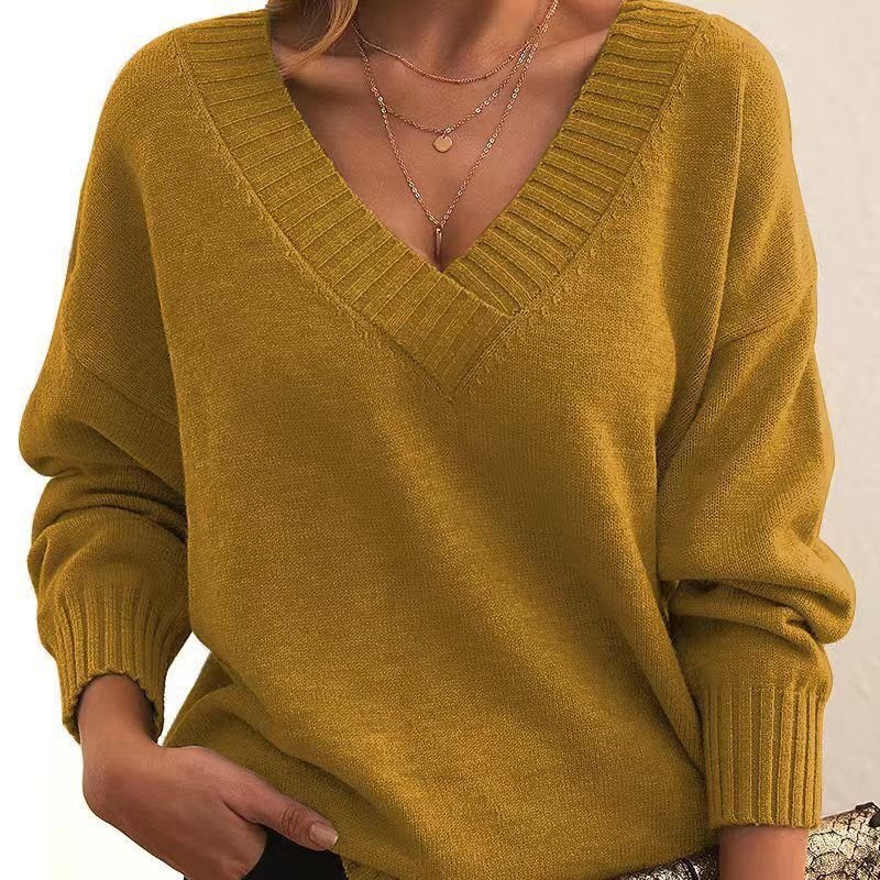 Women Fashion Casual Loose V-Neck Long Sleeve Knitted Sweater