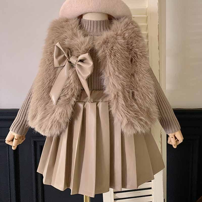 Kids Toddler Girls Autumn Winter Fashion Casual Bow Plush Vest Long Sleeve Top Tennis Skirt Three-Piece Set