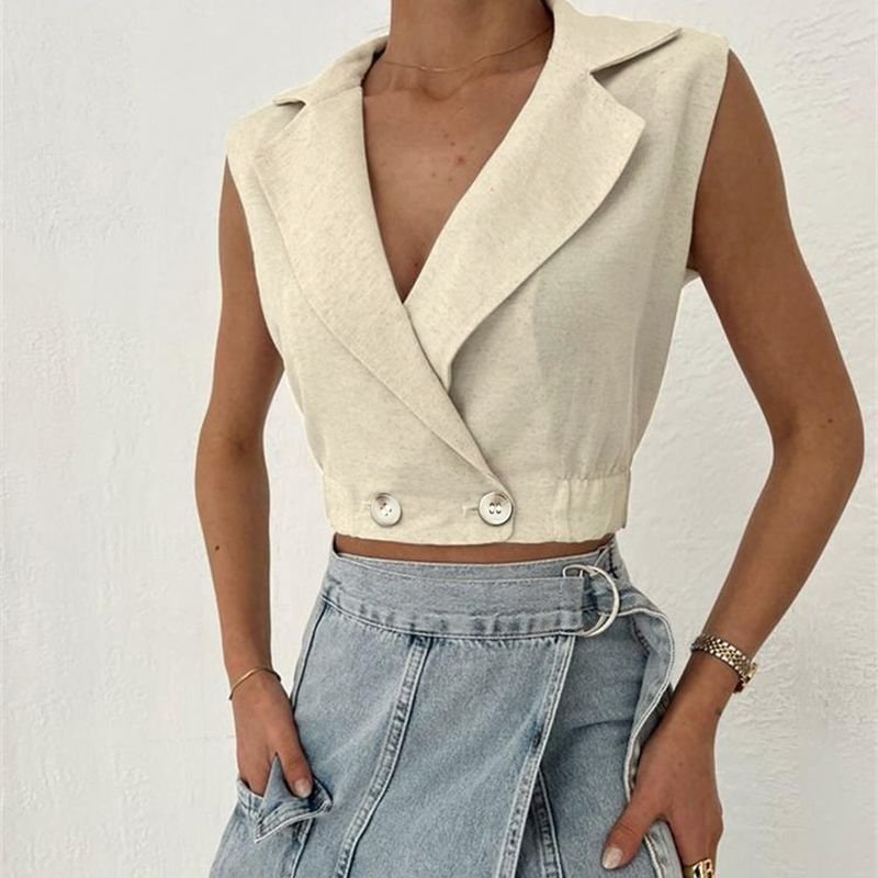 Women Fashion Solid Color Deep V Lel Sleeveless Vest Top