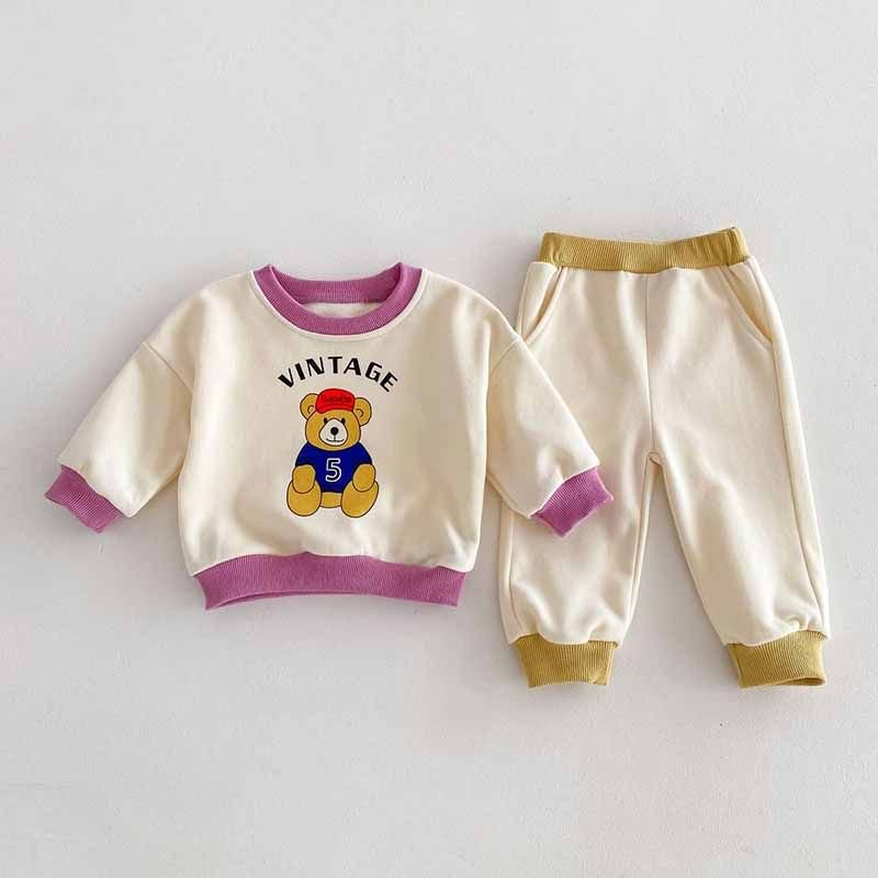 Kids Baby Boys Girls Casual Cute Cartoon Bear Alphabet Print Long Sleeve Sweatshirts Pants Sets