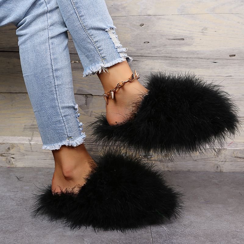 Autumn Winter Women Fashionable Solid Color Plush Flat Large Size Home Slippers