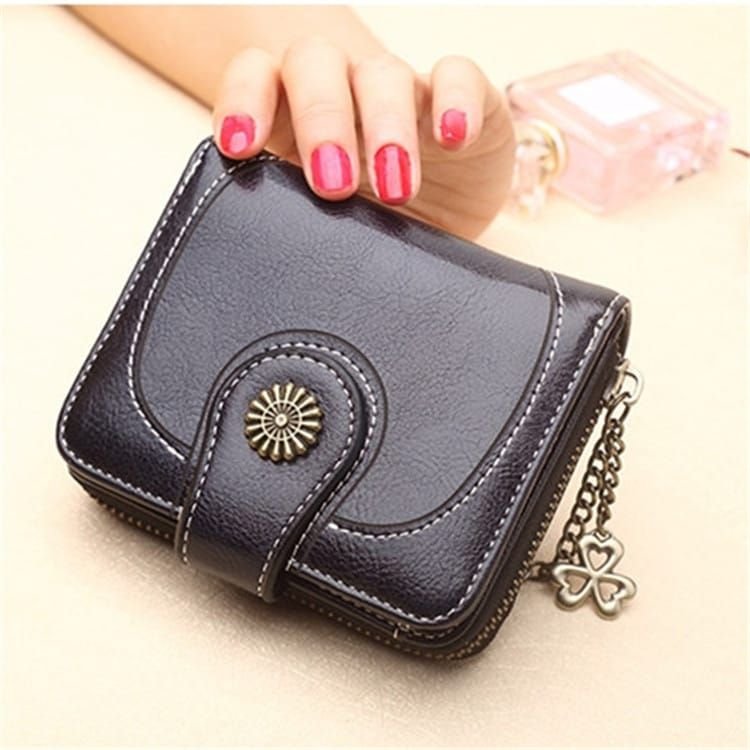 Women Retro Solid Color Zipper Tri-fold Wallet