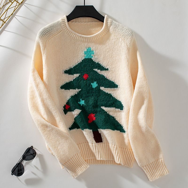 Women Cartoon Christmas Tree Crewneck Long Sleeve Knitted Sweater