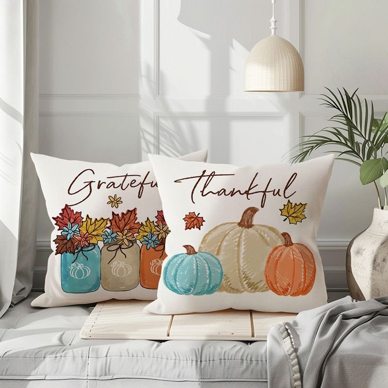 Autumn Pumpkin Pillow Case Linen Single-Sided Printed Plant Maple Leaf Living Room Sofa Decorative Cushion Cover Pillow