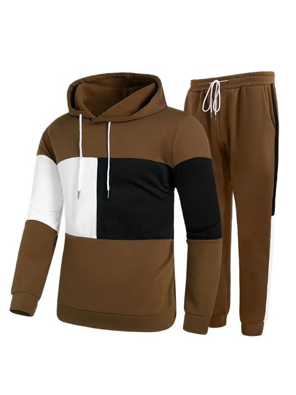 Men Fashion Casual Color Matching Plus Size Long Sleeve Hoodies Trousers Set