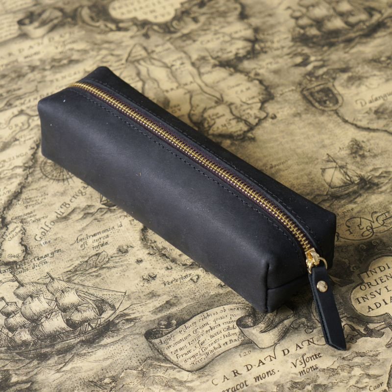 Simple First Layer Cowhide Zipper Pencil Case