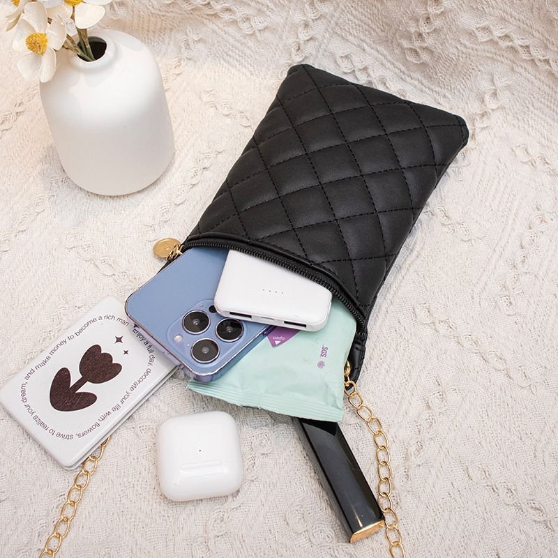 Women Fashion Solid Color Rhombic Zipper Mini Chain Purses