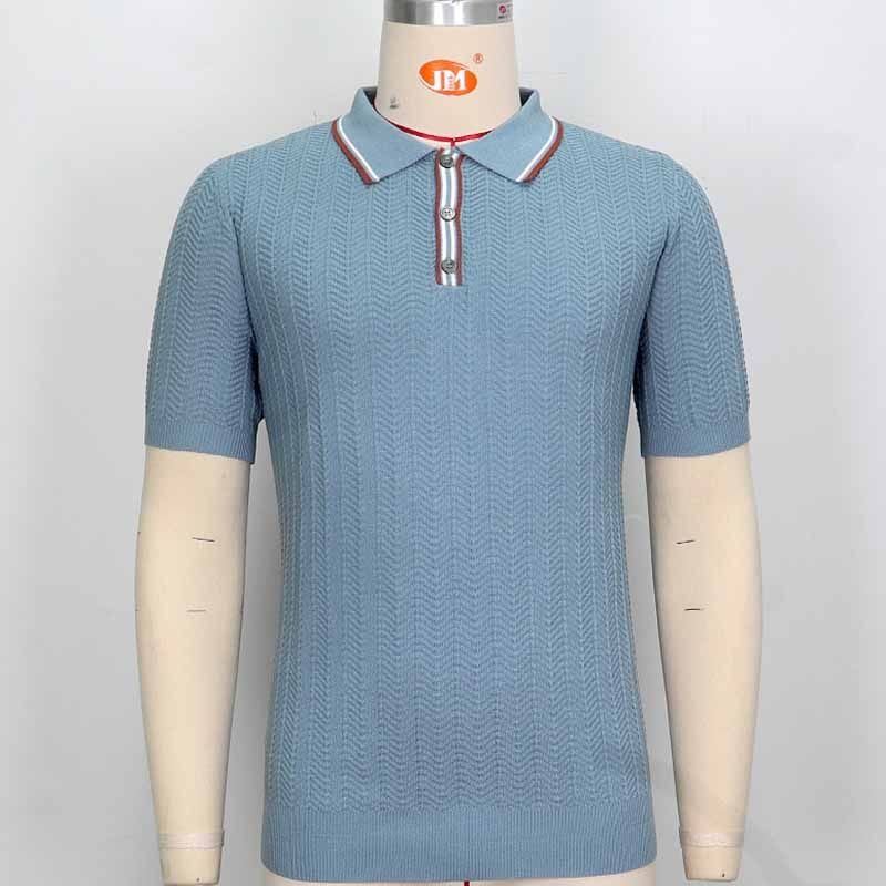 Men Fashion Casual Business Stripe Knitted Short Sleeve Lapel POLO Shirt