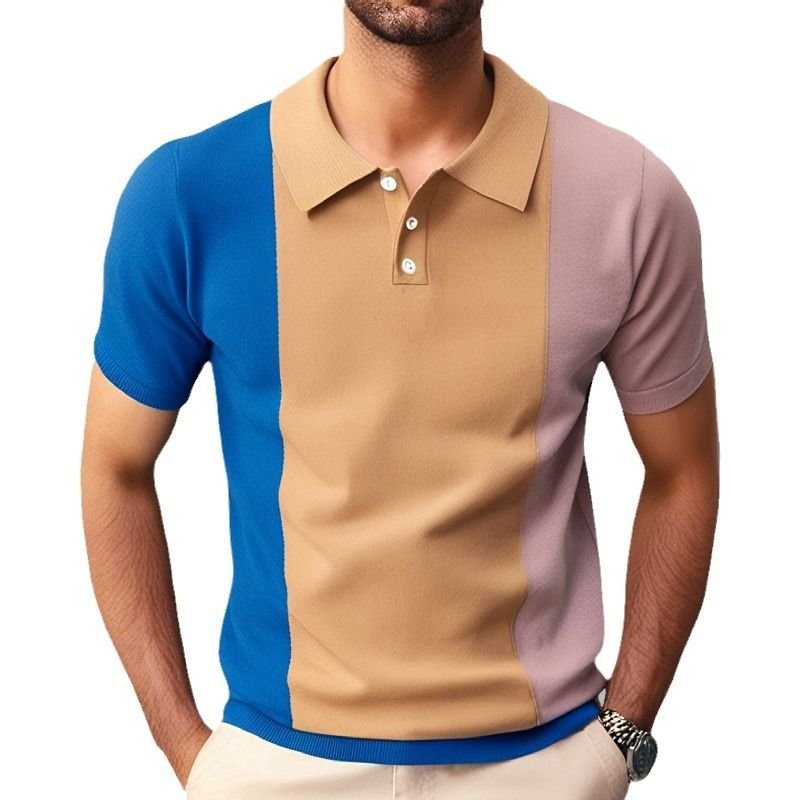 Men Fashion Casual Business Color Matching Knitted Short Sleeve Lapel POLO Shirt