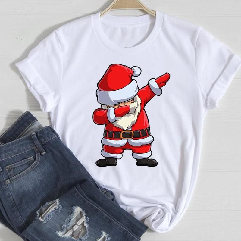 Women Fashion Cartoon Christmas Tree Letter Elk Print Round Neck Short Sleeve T-Shirt