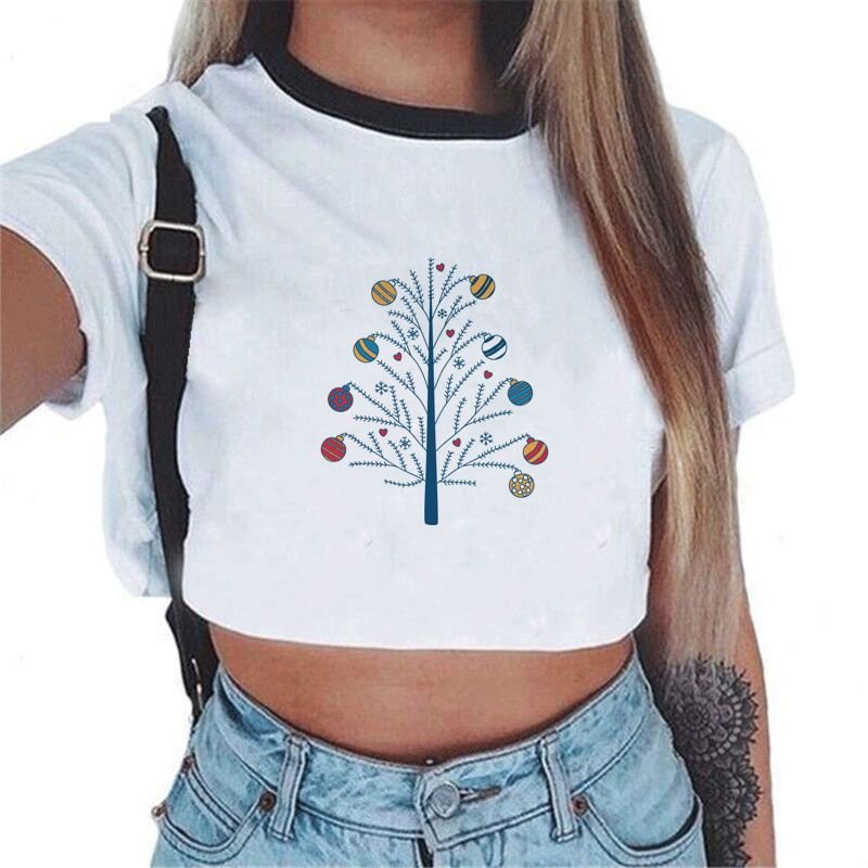 Women Fashion Christmas Tree Santa Print Round Neck Short Sleeve Crop T-Shirt