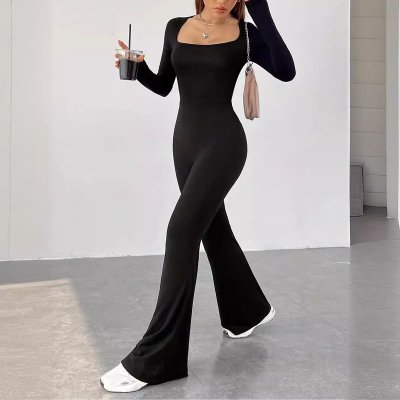 Women Fashion Casual Square Collar Long Sleeve Tight Jumpsuits