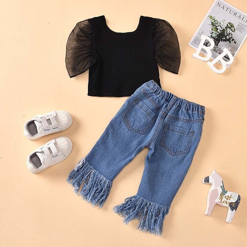 Girls Black Mesh Tops And Imitation Pearls Decor Ripped Jeans