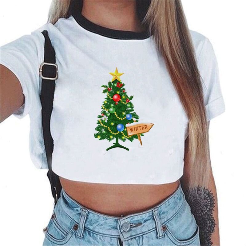 Women Fashion Christmas Tree Santa Print Round Neck Short Sleeve Crop T-Shirt