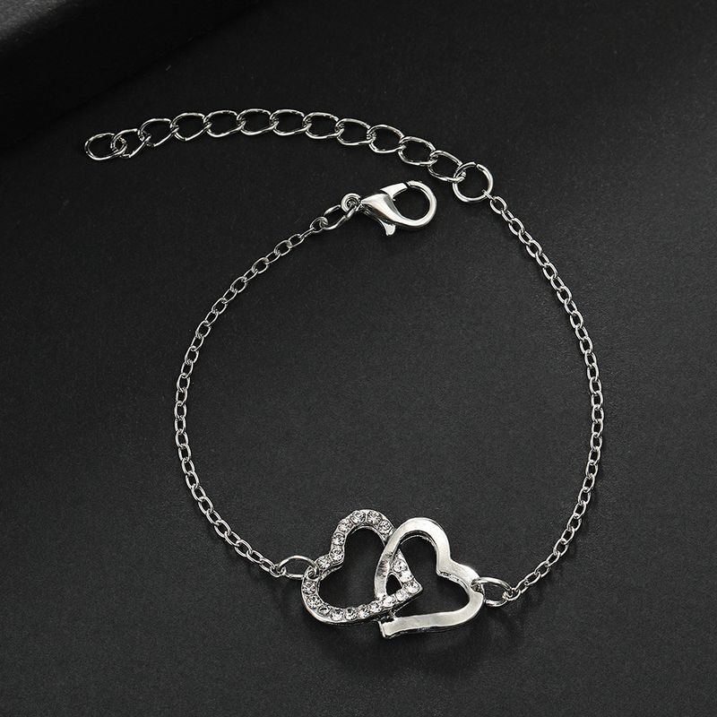 Women Simple Hollow Double Heart-Shaped Rhinestone Necklace Earrings Ring Bracelet Four-Piece Set