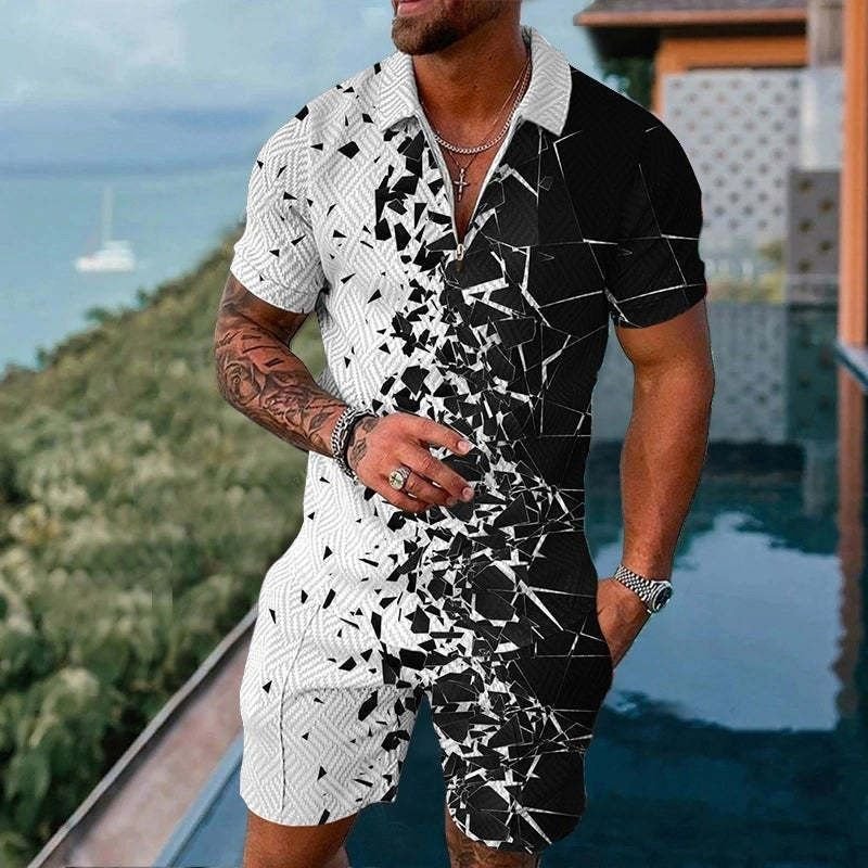 Men Casual Sports 3D Print Plus Size Short Sleeve Lapel Polo Shirt Shorts Set