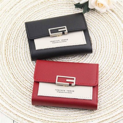 Women Fashion Color Blocking Tirfold Wallet