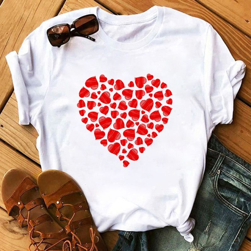 Women Plus Size Simple Basic Loose Short Sleeve Heart T-Shirt