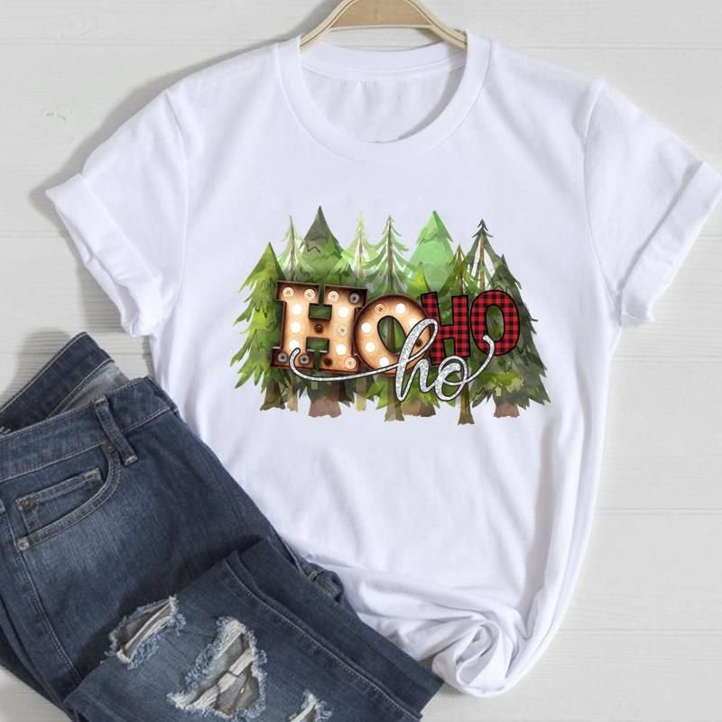 Women Fashion Cartoon Christmas Tree Letter Elk Print Round Neck Short Sleeve T-Shirt