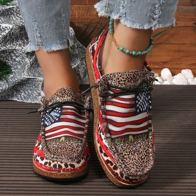 Summer Women Casual Plus Size Leopard Flag Print Slip-On Shoes