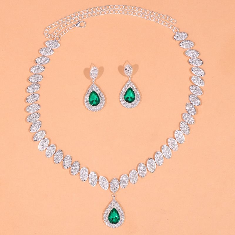 Women Fashion Drop-Shaped Rhinestone Necklace Earrings Jewelry Set