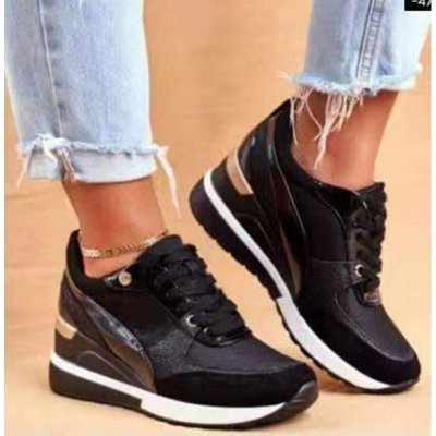 Women Casual Plus Size Colorblock Round Toe Lace-Up Wedge Heel Sneaker