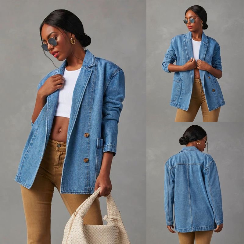 Women Retro Light Color Heavy Industry Washed Long Sleeve Denim Jacket