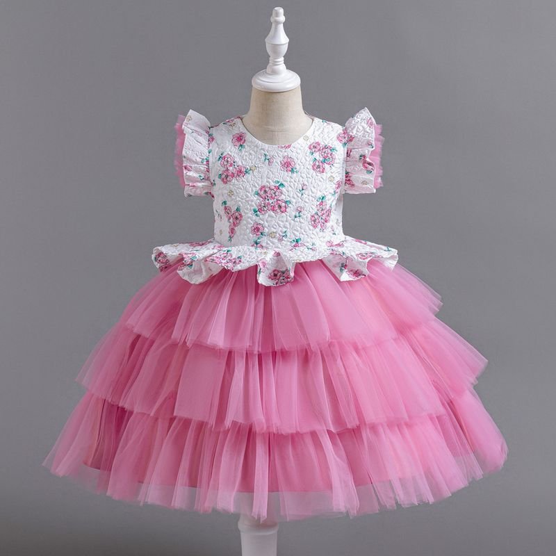 Kids Toddler Girls Fashion Flower Mesh Short Sleeved Party Tutu Dress