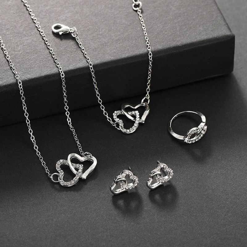 Women Simple Hollow Double Heart-Shaped Rhinestone Necklace Earrings Ring Bracelet Four-Piece Set