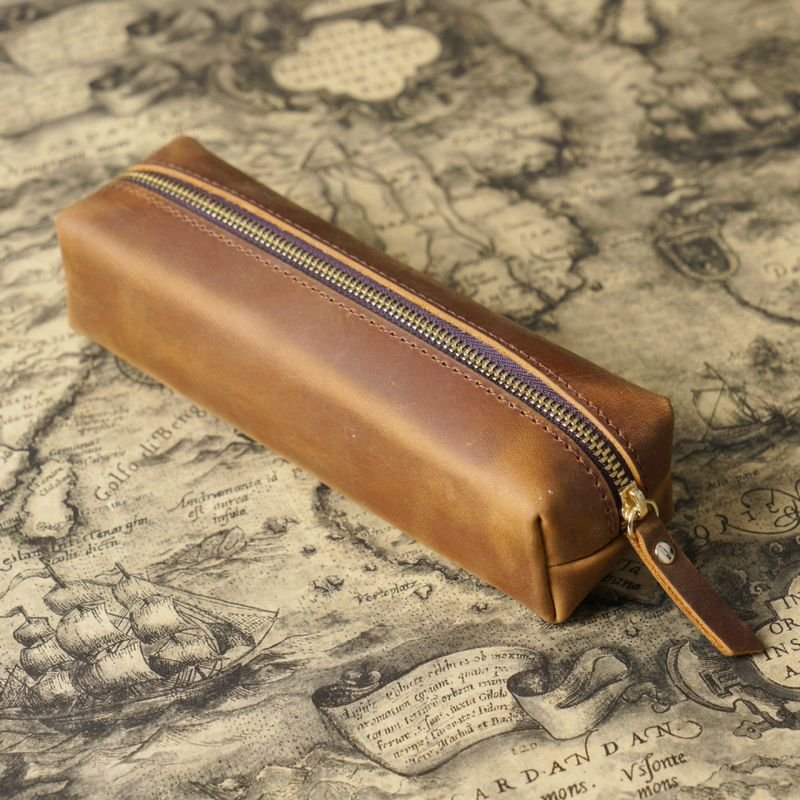 Simple First Layer Cowhide Zipper Pencil Case