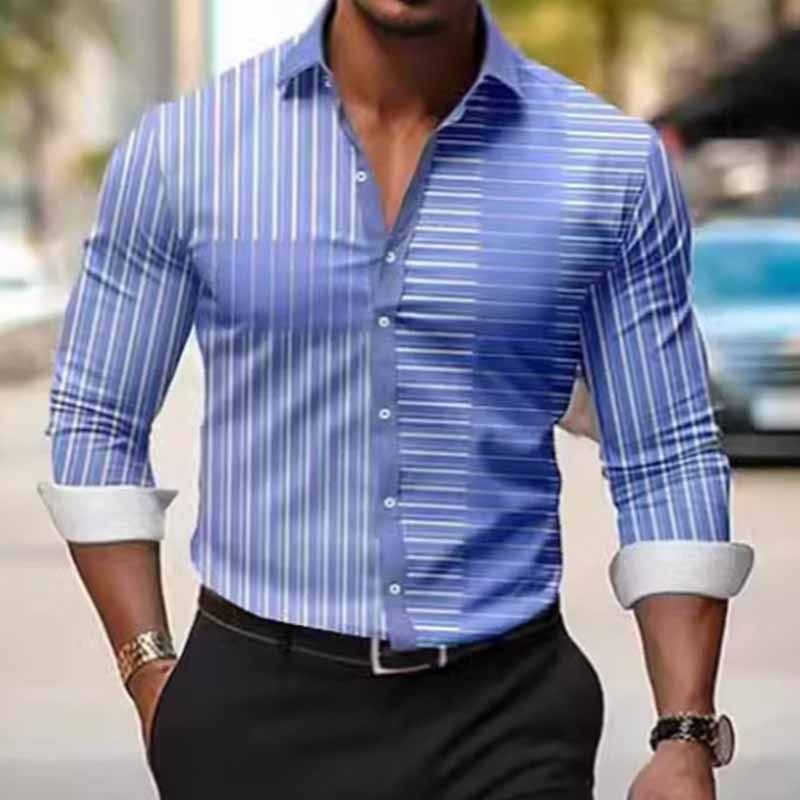 Men Fashion Casual Basic Stripe Print Plus Size Long Sleeve Lapel Shirt