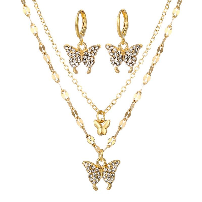 Women Fashion Butterfly Rhinestone Pendant Earrings Necklace Jewelry Set