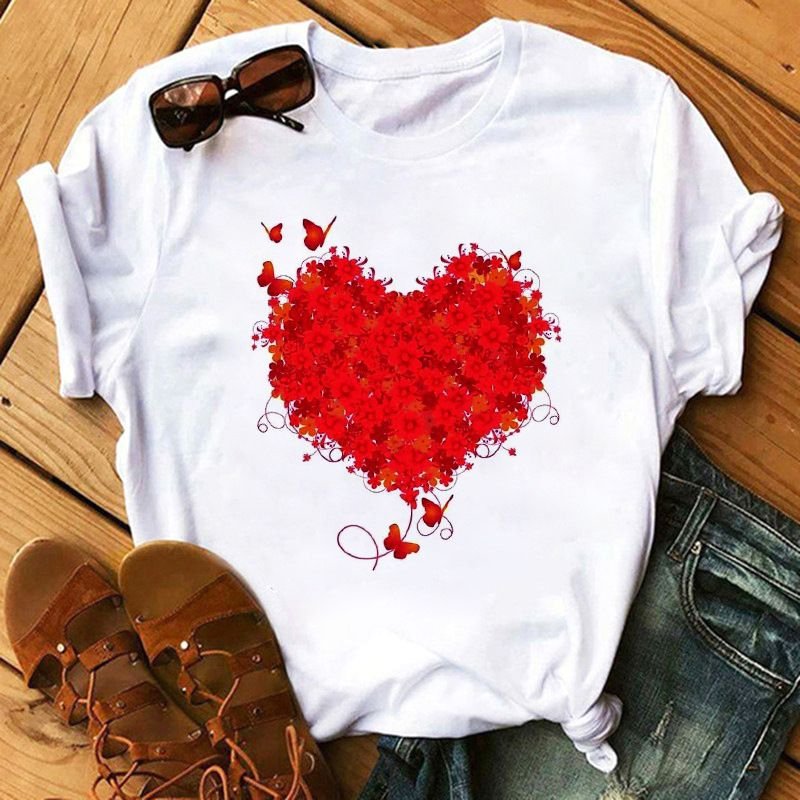 Women Plus Size Simple Basic Loose Short Sleeve Heart T-Shirt