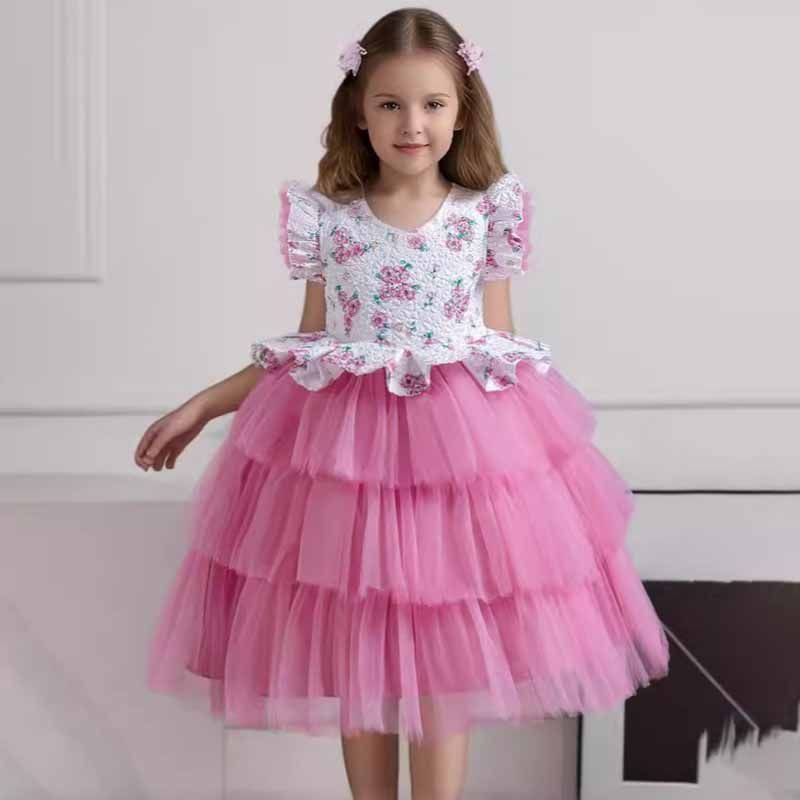 Kids Toddler Girls Fashion Flower Mesh Short Sleeved Party Tutu Dress