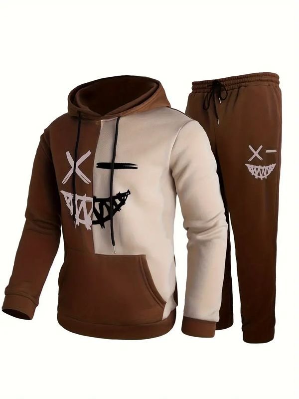 Men Fashion Casual Color Matching Plus Size Long Sleeve Hoodies Trousers Set