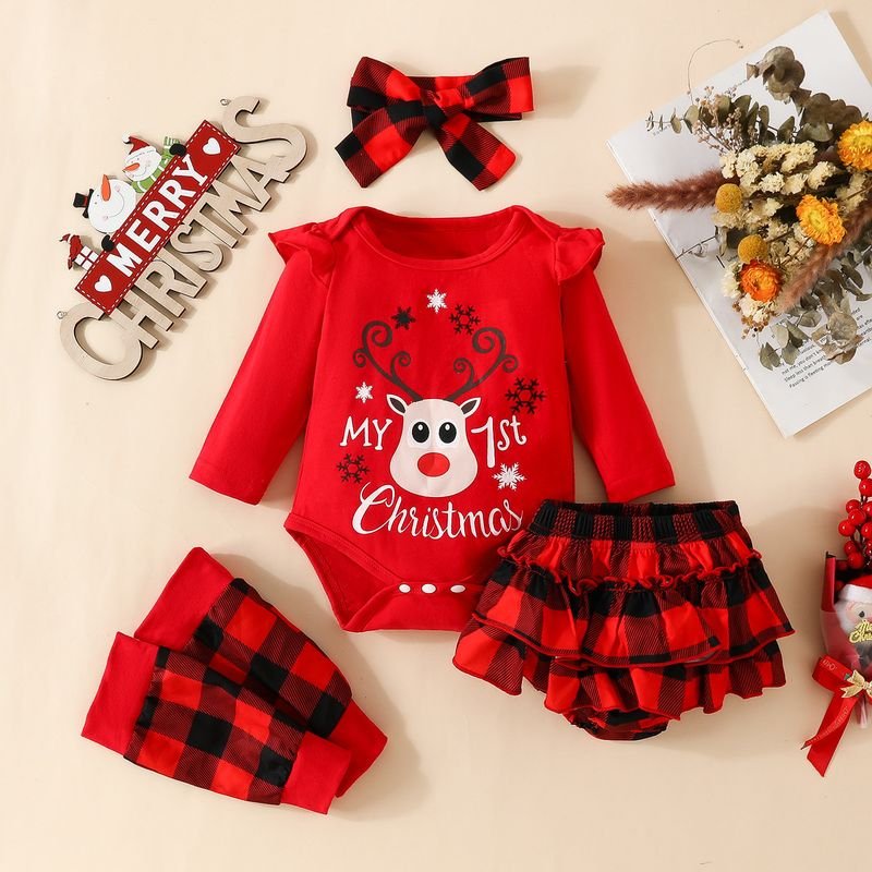 Kids Baby Girls Cute Party Christmas Cartoon Fawn Long Sleeve Romper Plaid Skirt Sets