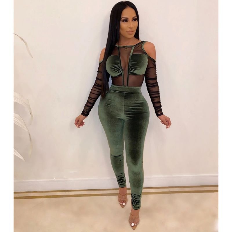 Women Fashion Sexy Sexy Mesh Velvet Stitching Long Sleeve Jumpsuits