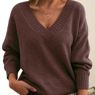 Women Fashion Casual Loose V-Neck Long Sleeve Knitted Sweater