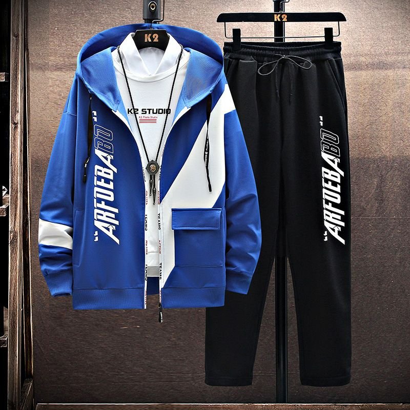 Men Fashion Casual Sports Letters Print Long Sleeve Hooded Coat Trousers Set