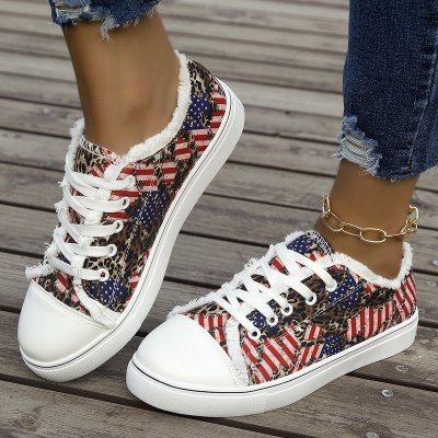 Summer Women Casual Plus Size Flag Star Stripe Print Round Toe Canvas Sneaker