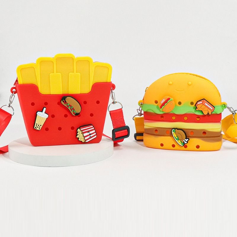 Children Cartoon Cute Fries Hamburger Shape Silicone Hole Crossbody Bag