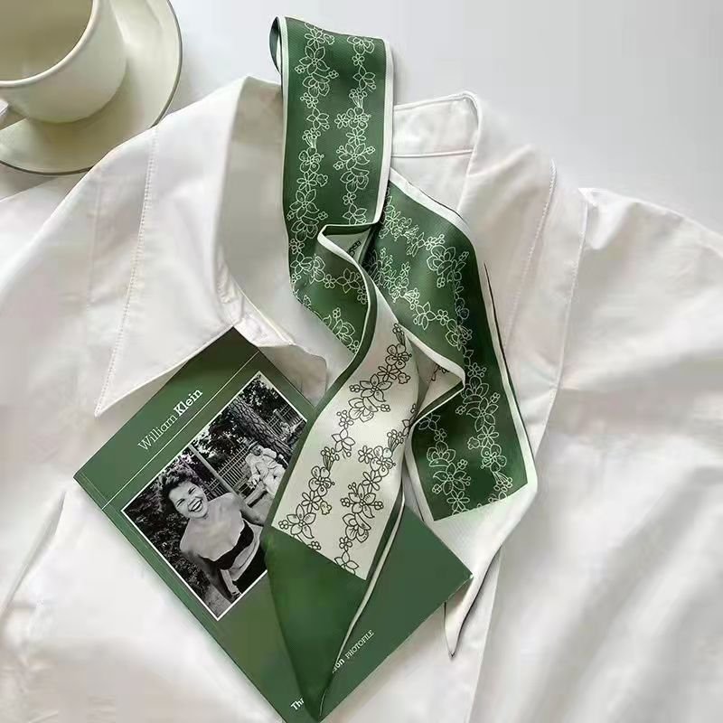 Women Simple Geometric Diamond Print Thin Narrow Ribbon Silk Scarf