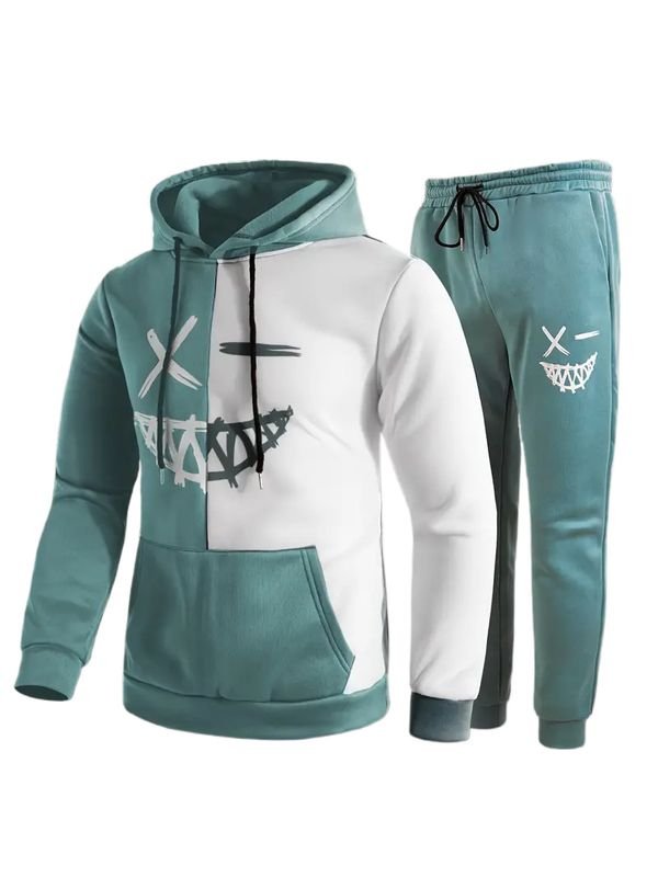 Men Fashion Casual Color Matching Plus Size Long Sleeve Hoodies Trousers Set