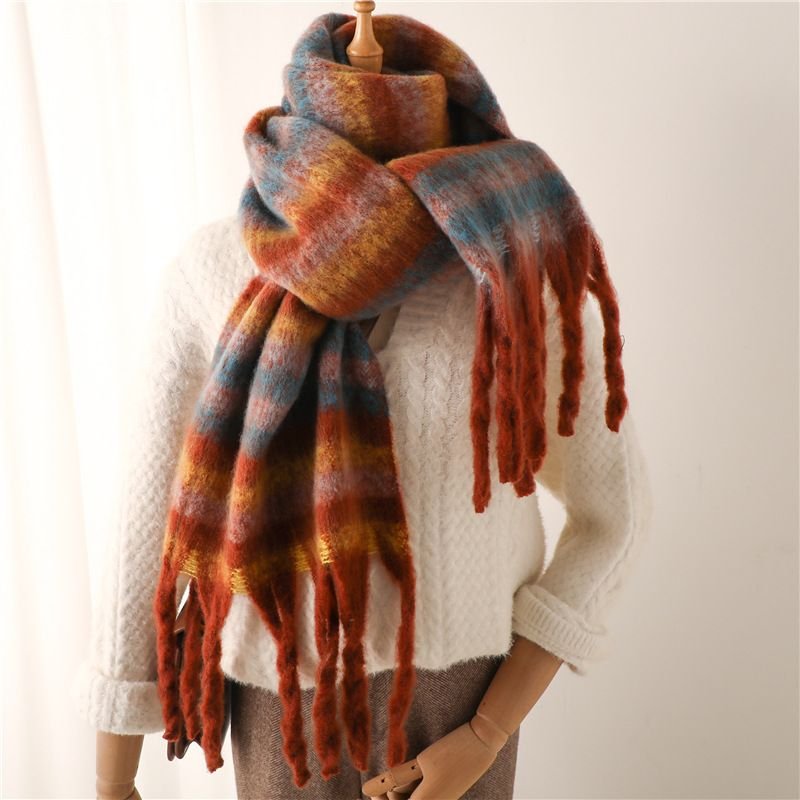 Autumn Winter Women Fashion Stripe Cashmere Warm Thickened Tassel Scarf