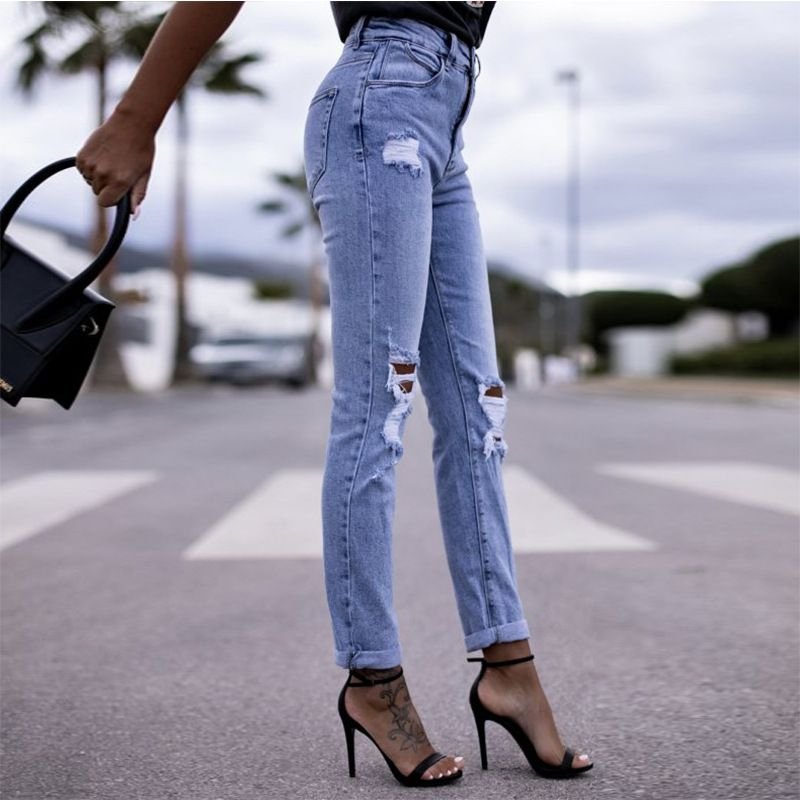 Women Fashion Simple Stretch Ripped Skinny Jeans